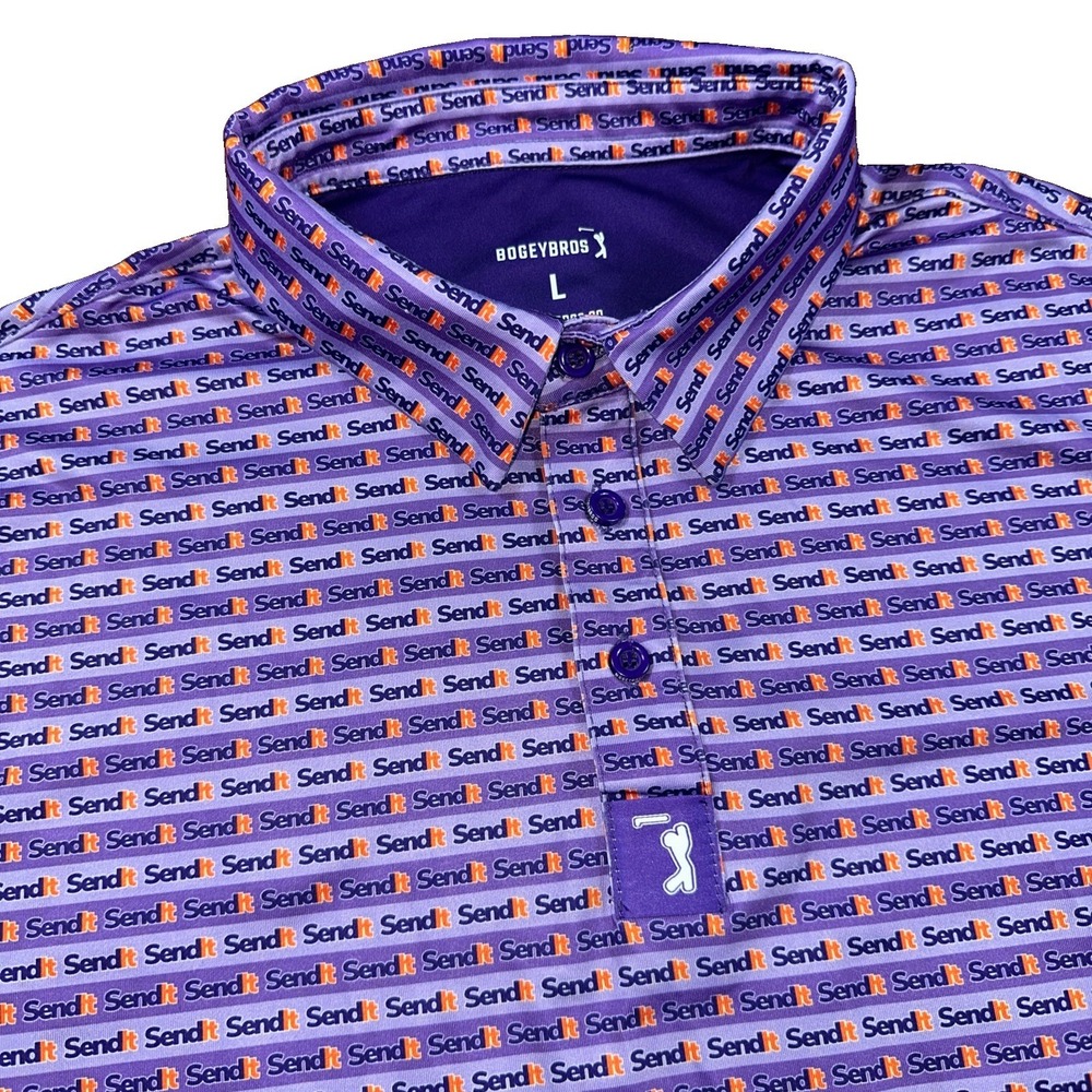 Bogey Bros Polo Mens Large Purple Sendit AOP Stretch Golf Shirt Large NWOT